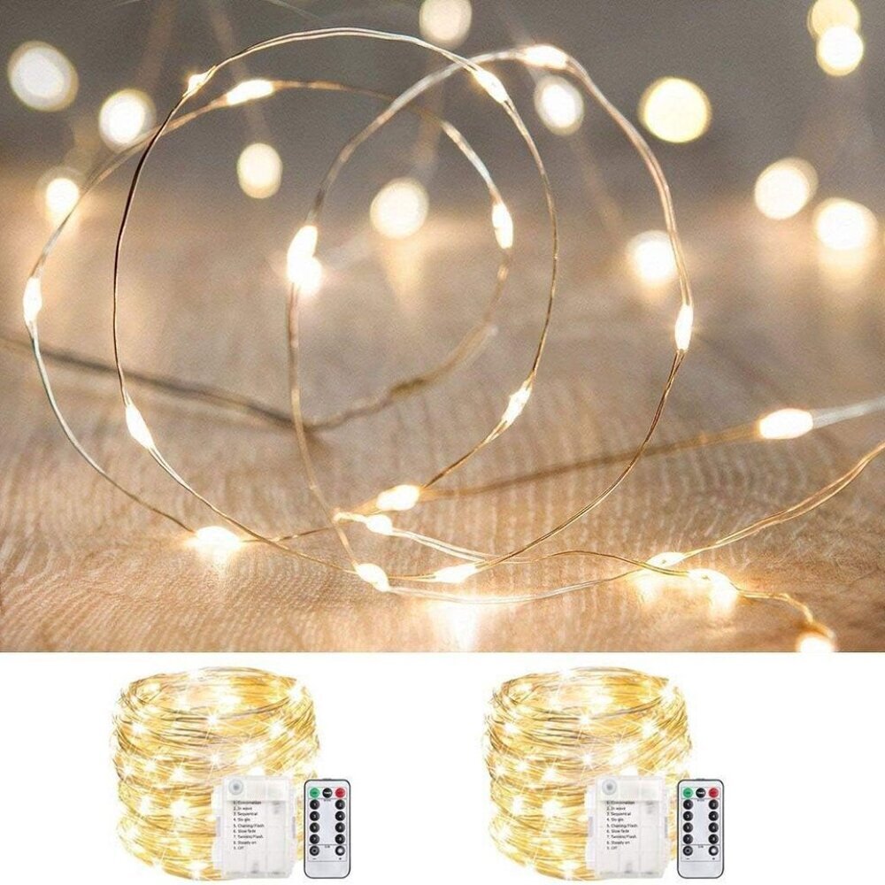 2 Pack 33ft 100 LED Fairy Lights Battery Operated, Waterproof Twinkle String Lig